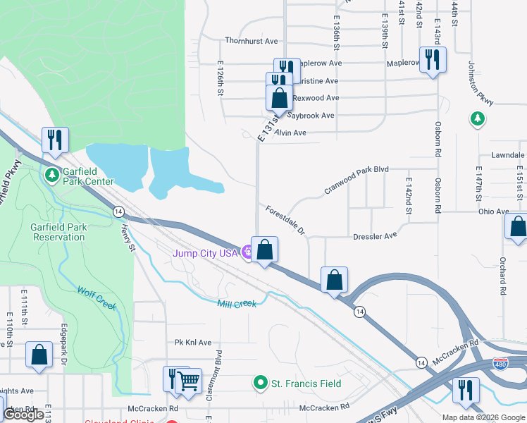 map of restaurants, bars, coffee shops, grocery stores, and more near 13118 Forestdale Drive in Garfield Heights