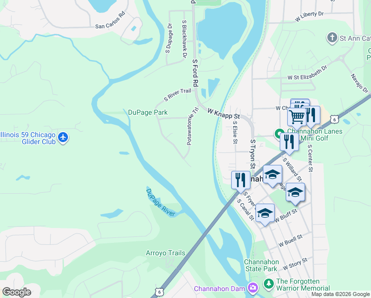 map of restaurants, bars, coffee shops, grocery stores, and more near 24824 South Potawatomie Trail in Channahon