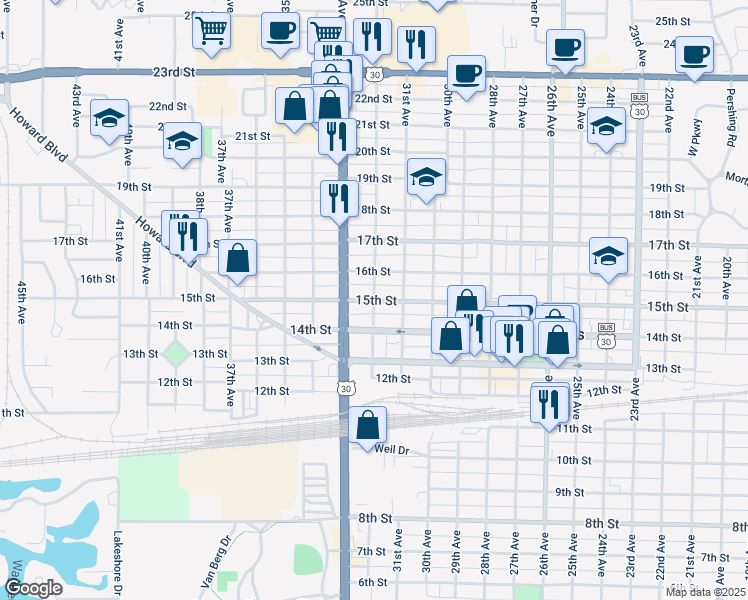 map of restaurants, bars, coffee shops, grocery stores, and more near 3198 15th Street in Columbus