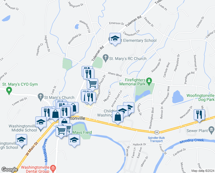 map of restaurants, bars, coffee shops, grocery stores, and more near 45 Yorkshire Terrace in Washingtonville