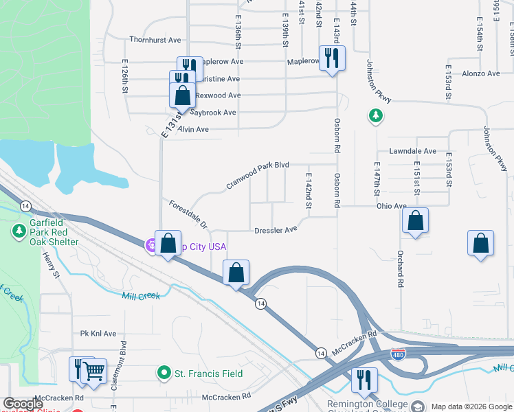 map of restaurants, bars, coffee shops, grocery stores, and more near 4724 Hillside Avenue in Garfield Heights