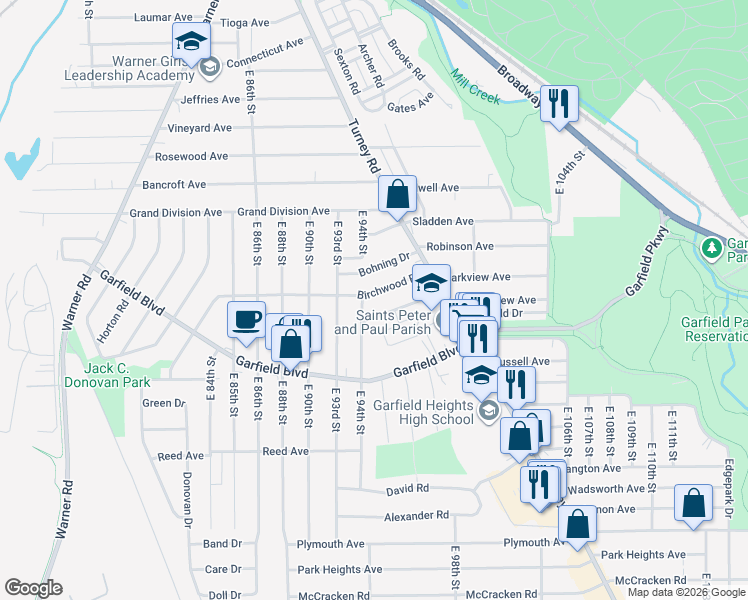 map of restaurants, bars, coffee shops, grocery stores, and more near 9418 Birchwood Road in Garfield Heights