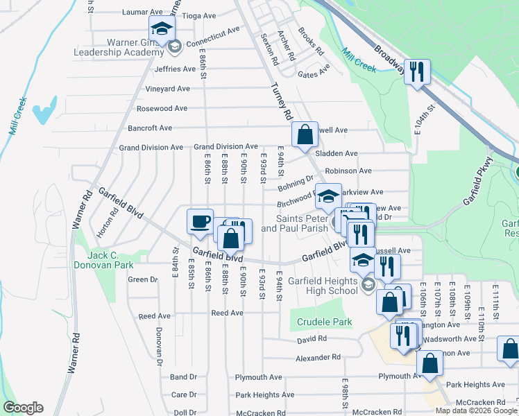 map of restaurants, bars, coffee shops, grocery stores, and more near 4705 East 93rd Street in Garfield Heights