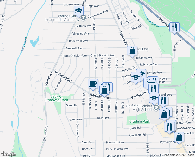 map of restaurants, bars, coffee shops, grocery stores, and more near 4704 East 88th Street in Garfield Heights