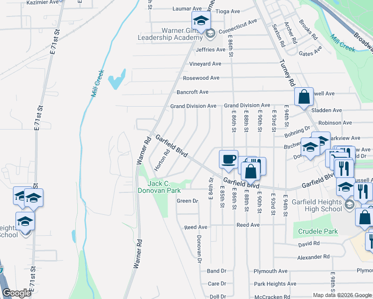 map of restaurants, bars, coffee shops, grocery stores, and more near 4699 Burleigh Road in Garfield Heights