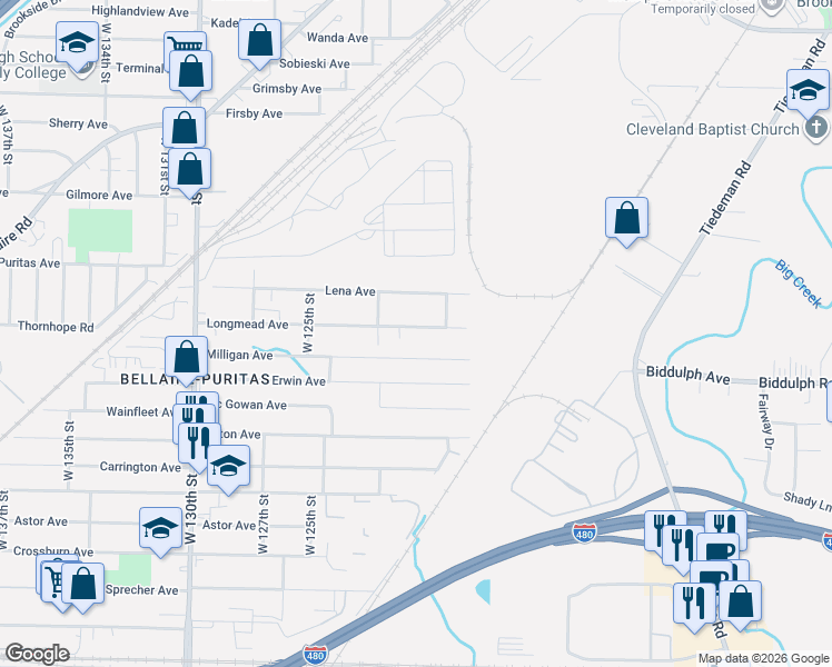 map of restaurants, bars, coffee shops, grocery stores, and more near 11825 Longmead Avenue in Cleveland