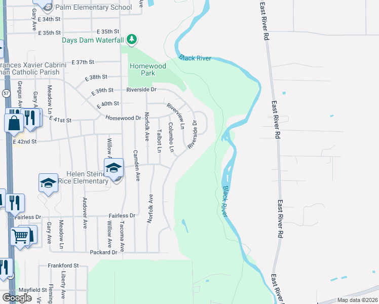 map of restaurants, bars, coffee shops, grocery stores, and more near 4215 Riverside Drive in Lorain