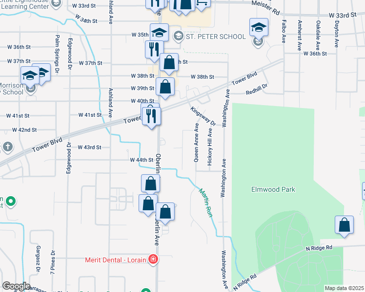map of restaurants, bars, coffee shops, grocery stores, and more near 4240 Princess Anne Court in Lorain