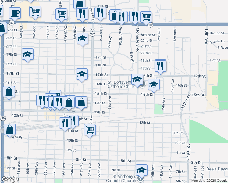 map of restaurants, bars, coffee shops, grocery stores, and more near 1501-1549 21st Avenue in Columbus