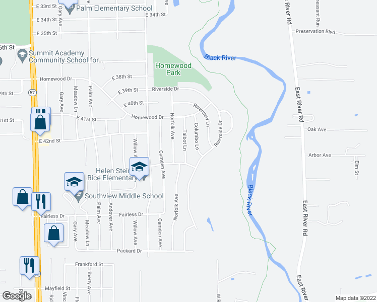 map of restaurants, bars, coffee shops, grocery stores, and more near 4224 Talbot Lane in Lorain