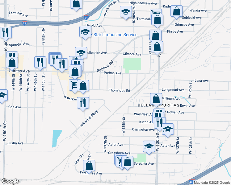 map of restaurants, bars, coffee shops, grocery stores, and more near 13521 Thornhope Road in Cleveland