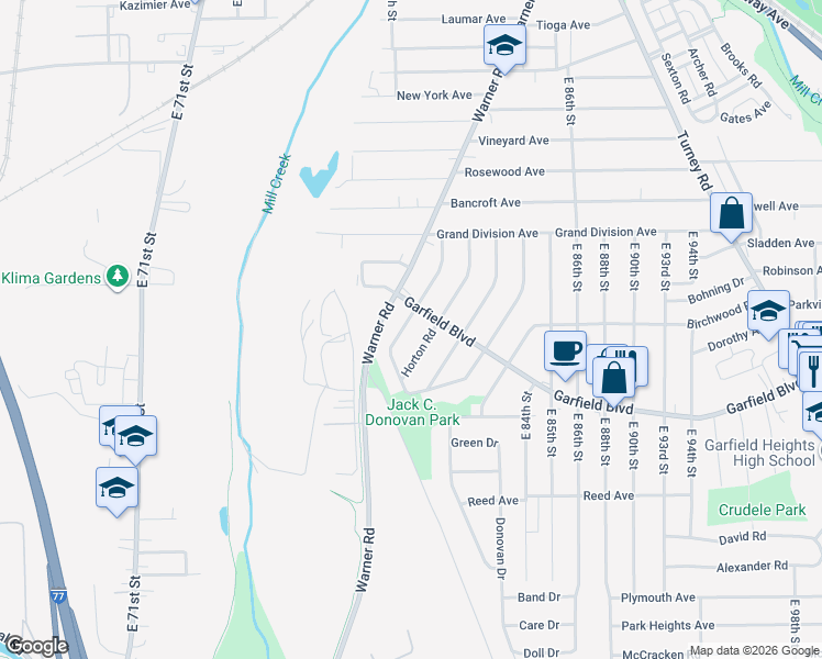 map of restaurants, bars, coffee shops, grocery stores, and more near 4711 Blythin Road in Garfield Heights