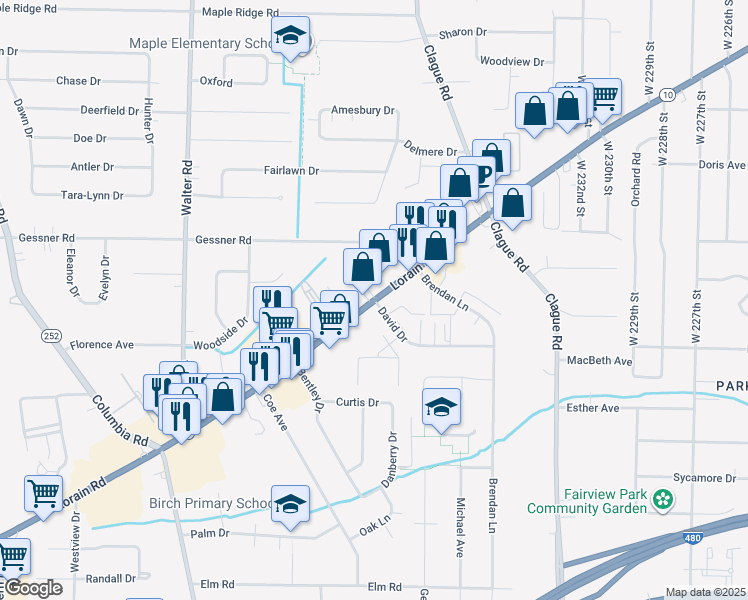 map of restaurants, bars, coffee shops, grocery stores, and more near Lorain Road & David Drive in North Olmsted