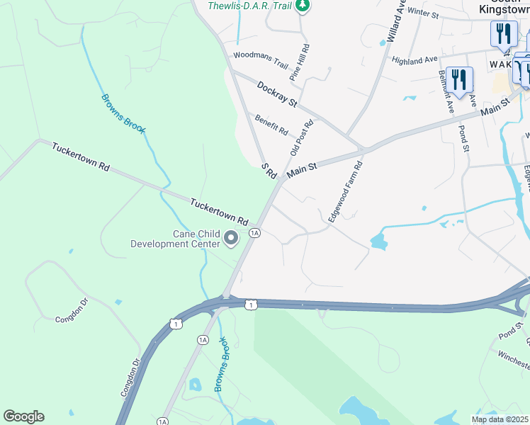 map of restaurants, bars, coffee shops, grocery stores, and more near 184 Post Road in South Kingstown