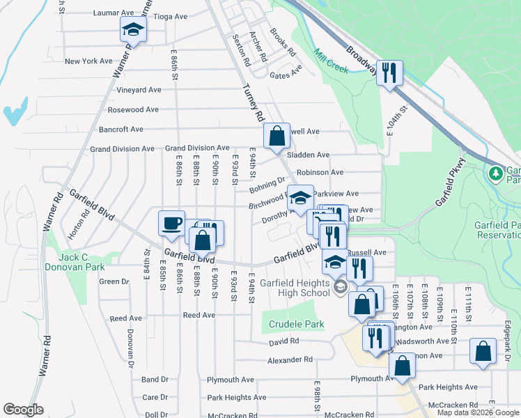 map of restaurants, bars, coffee shops, grocery stores, and more near 9418 Birchwood Road in Garfield Heights