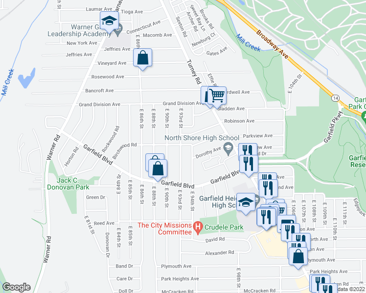 map of restaurants, bars, coffee shops, grocery stores, and more near 4705 East 93rd Street in Garfield Heights