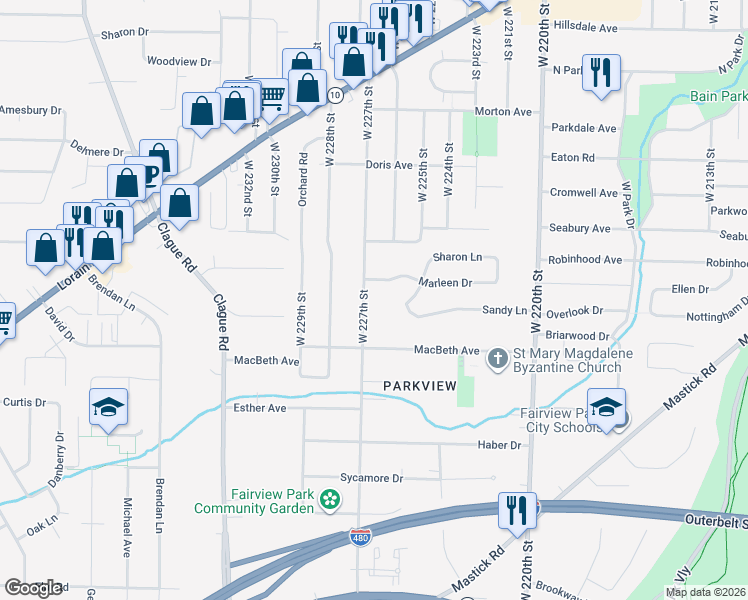 map of restaurants, bars, coffee shops, grocery stores, and more near 5045 W 227th St in Fairview Park