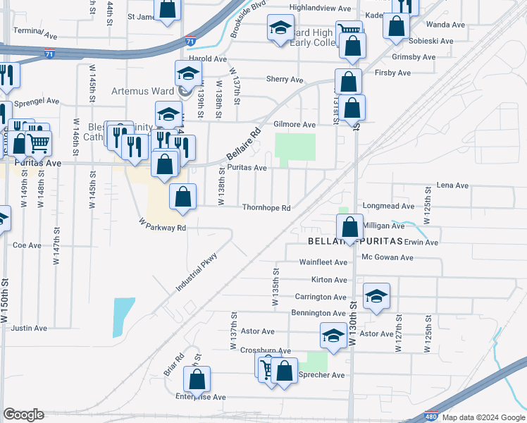map of restaurants, bars, coffee shops, grocery stores, and more near 13509 Thornhope Road in Cleveland