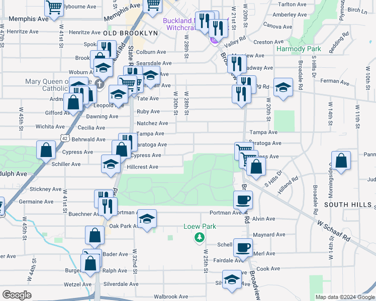map of restaurants, bars, coffee shops, grocery stores, and more near 2810 Cypress Avenue in Cleveland