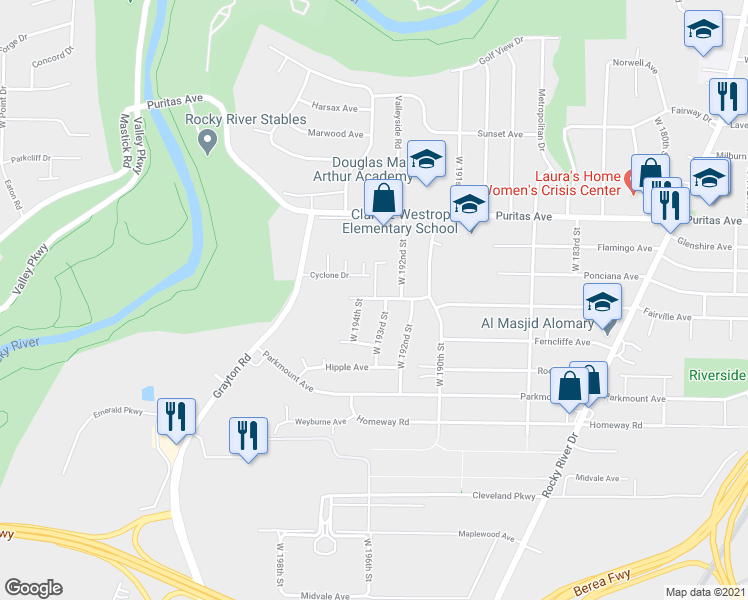 map of restaurants, bars, coffee shops, grocery stores, and more near 19317 Apelt Avenue in Cleveland