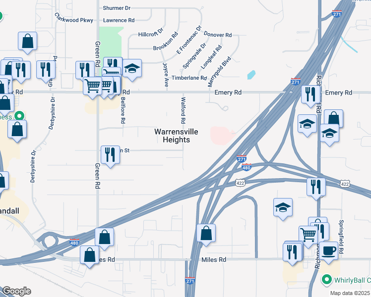 map of restaurants, bars, coffee shops, grocery stores, and more near 4761 Walford Road in Warrensville Heights