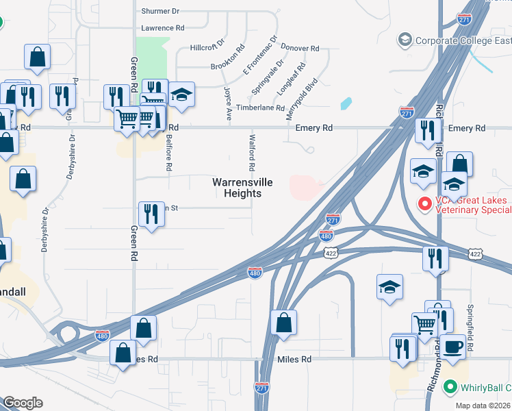 map of restaurants, bars, coffee shops, grocery stores, and more near 4761 Walford Road in Warrensville Heights