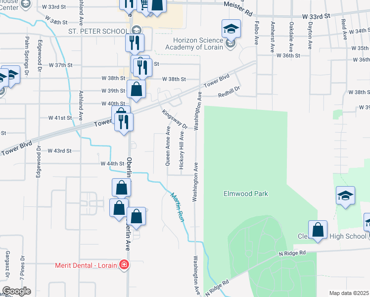 map of restaurants, bars, coffee shops, grocery stores, and more near 4301 Hickory Hill Avenue in Lorain