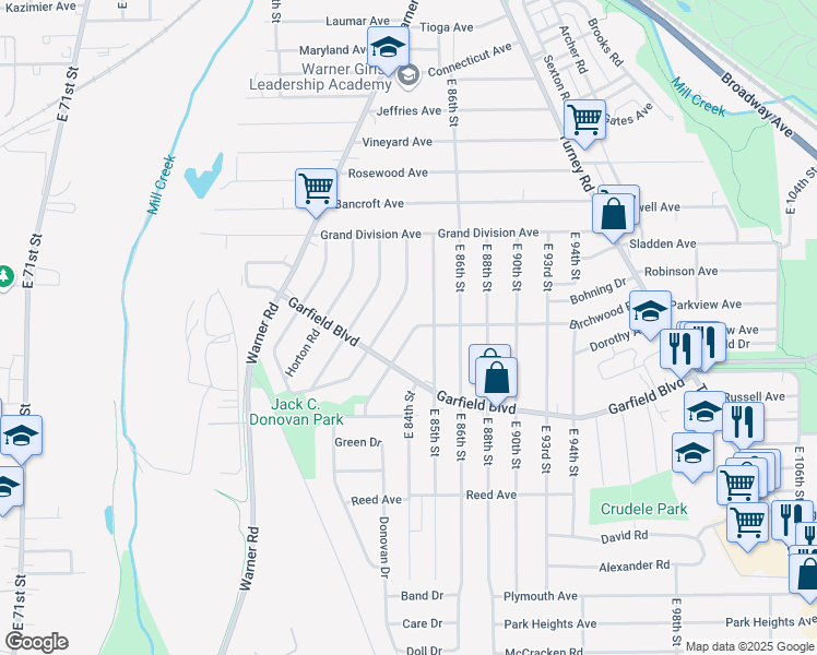 map of restaurants, bars, coffee shops, grocery stores, and more near 4690 Birchwood Road in Garfield Heights