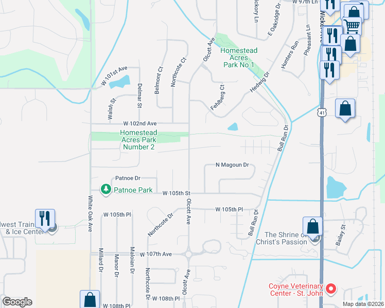 map of restaurants, bars, coffee shops, grocery stores, and more near 12121 West 103rd Court in St. John