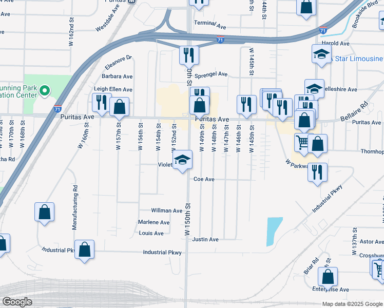 map of restaurants, bars, coffee shops, grocery stores, and more near 4521 West 150th Street in Cleveland