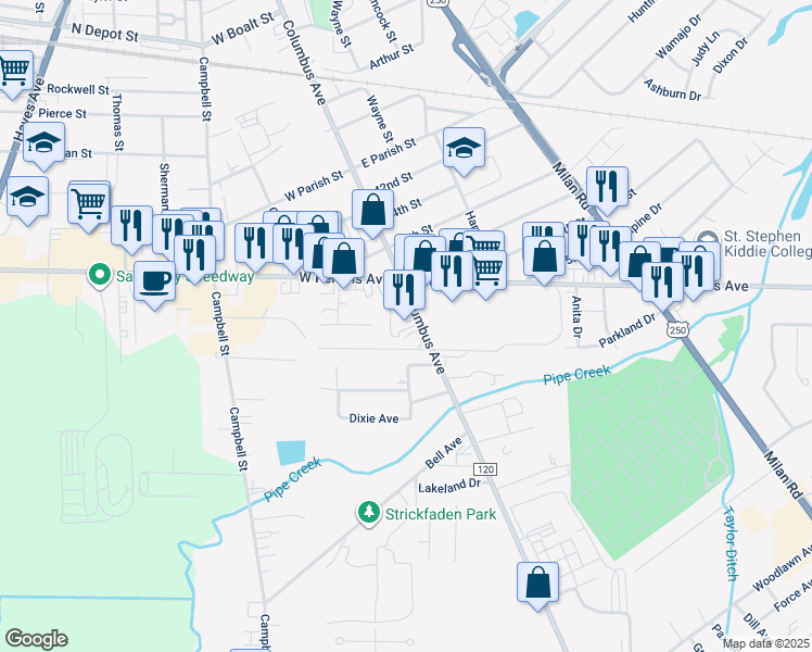 map of restaurants, bars, coffee shops, grocery stores, and more near 2525 Columbus Avenue in Sandusky