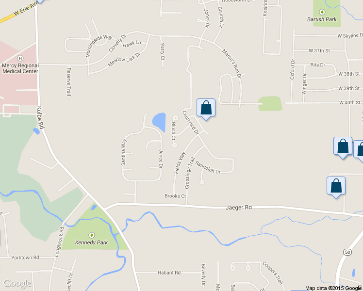 map of restaurants, bars, coffee shops, grocery stores, and more near 4576 Fields Way in Lorain