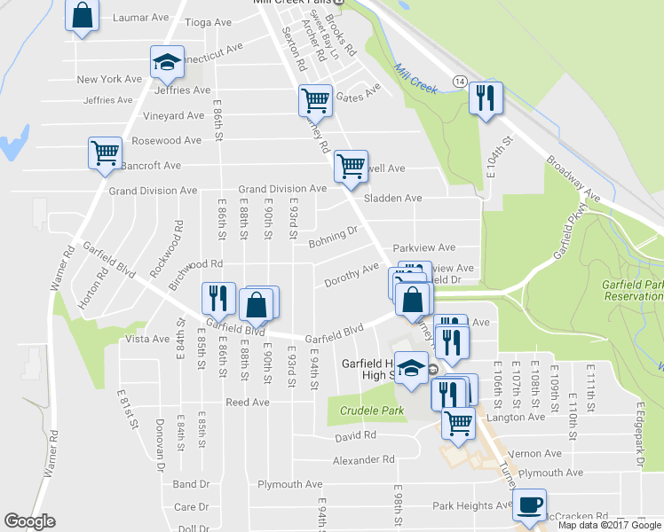 map of restaurants, bars, coffee shops, grocery stores, and more near 9418 Birchwood Road in Garfield Heights