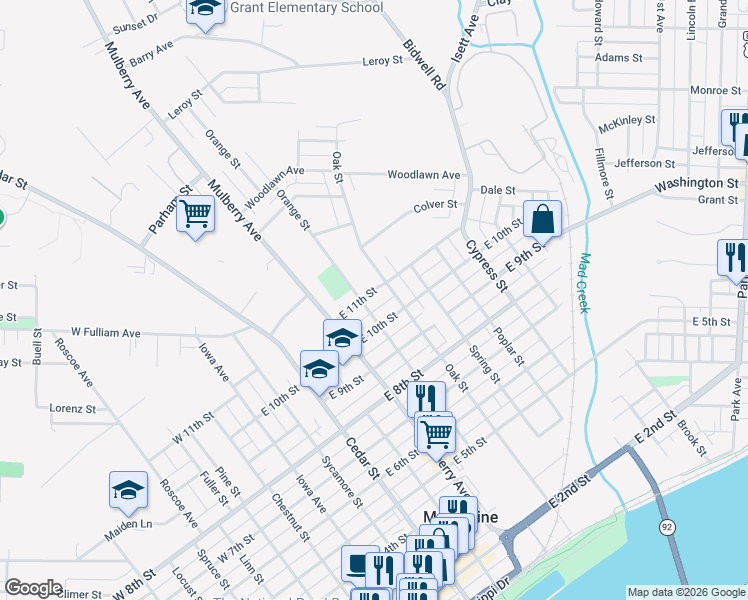 map of restaurants, bars, coffee shops, grocery stores, and more near 602 East 11th Street in Muscatine