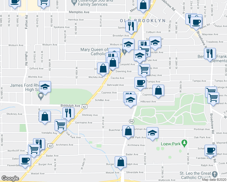 map of restaurants, bars, coffee shops, grocery stores, and more near 3912 Cypress Avenue in Cleveland