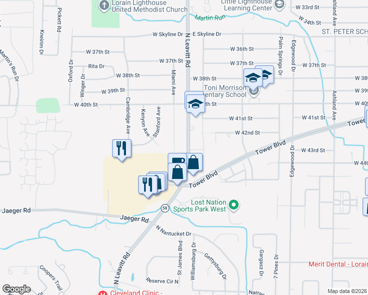 map of restaurants, bars, coffee shops, grocery stores, and more near 4248 North Leavitt Road in Lorain