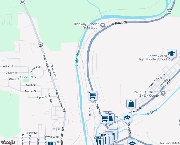 map of restaurants, bars, coffee shops, grocery stores, and more near 520 Rock Street in Ridgway
