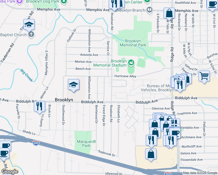 map of restaurants, bars, coffee shops, grocery stores, and more near 4599 Roadoan Road in Brooklyn