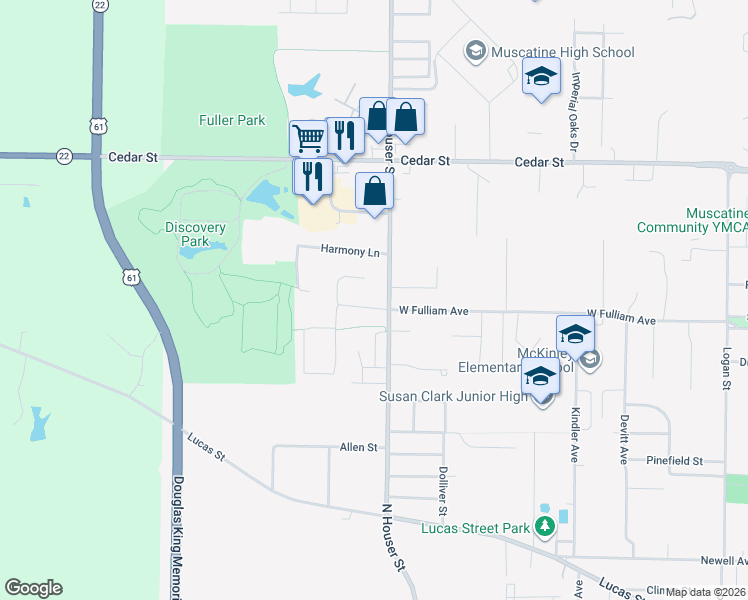 map of restaurants, bars, coffee shops, grocery stores, and more near 3005 West Fulliam Avenue in Muscatine