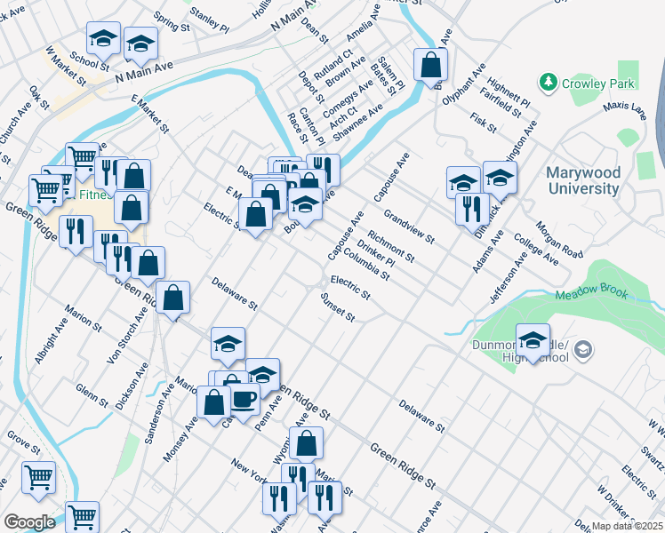 map of restaurants, bars, coffee shops, grocery stores, and more near 915 Electric Street in Scranton
