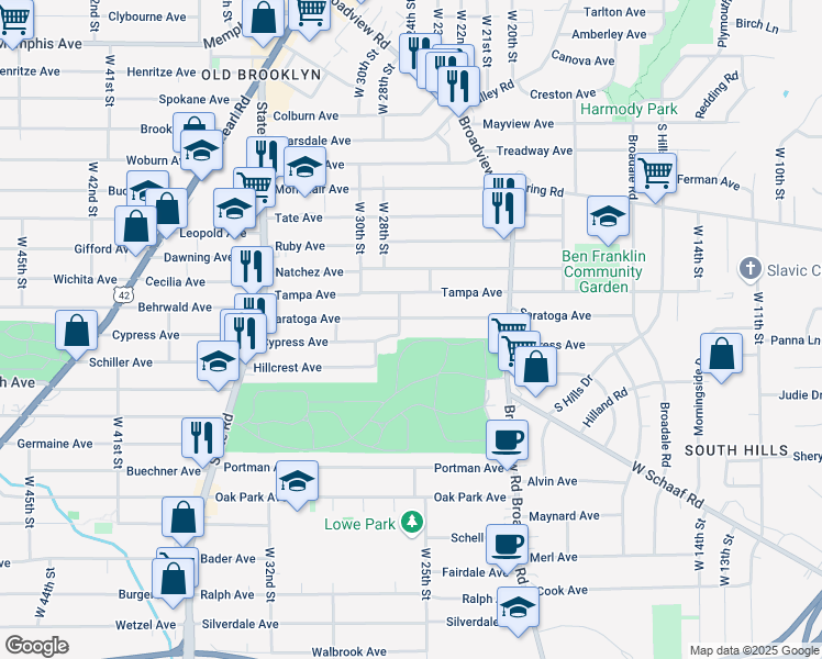 map of restaurants, bars, coffee shops, grocery stores, and more near 2605 Saratoga Avenue in Cleveland