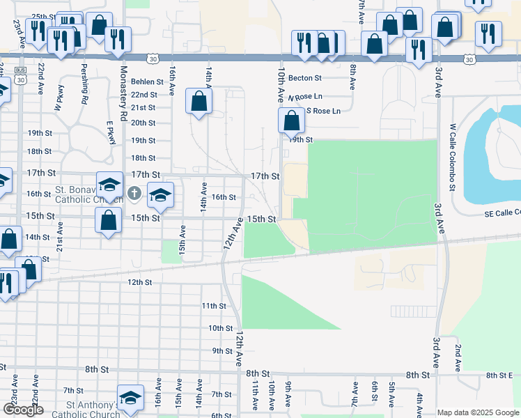 map of restaurants, bars, coffee shops, grocery stores, and more near 1112 15th Street in Columbus