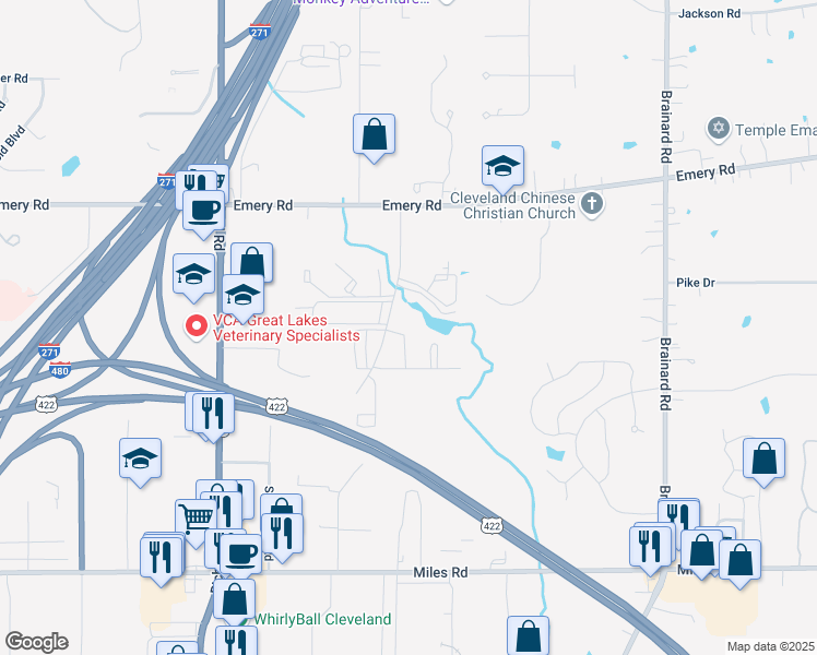 map of restaurants, bars, coffee shops, grocery stores, and more near 4731 Country Lane in Warrensville Heights