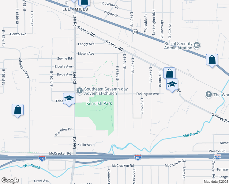 map of restaurants, bars, coffee shops, grocery stores, and more near 17217 Tarkington Avenue in Cleveland
