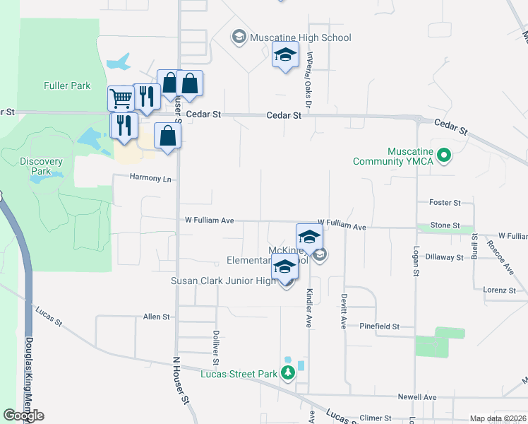 map of restaurants, bars, coffee shops, grocery stores, and more near 1807 Green Acres Drive in Muscatine