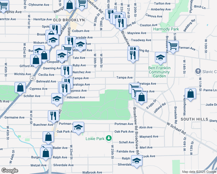 map of restaurants, bars, coffee shops, grocery stores, and more near 2605 Saratoga Avenue in Cleveland