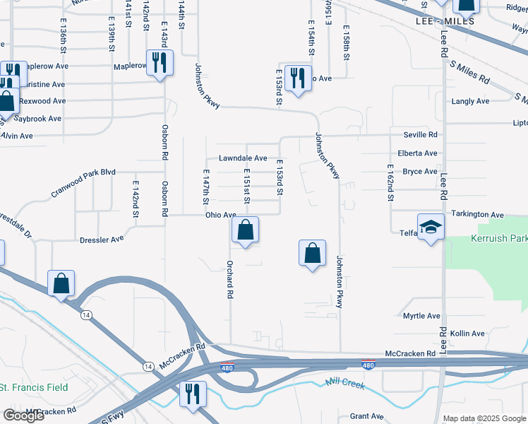 map of restaurants, bars, coffee shops, grocery stores, and more near 15203 Ohio Avenue in Cleveland