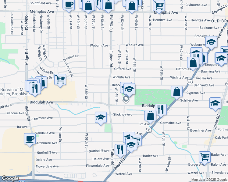 map of restaurants, bars, coffee shops, grocery stores, and more near 5410 Bangor Avenue in Cleveland
