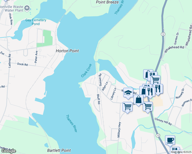 map of restaurants, bars, coffee shops, grocery stores, and more near 58 Hurlbutt Road in Ledyard