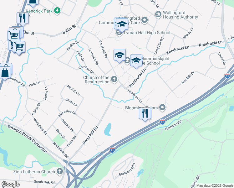 map of restaurants, bars, coffee shops, grocery stores, and more near 120 Pond Hill Road in Wallingford
